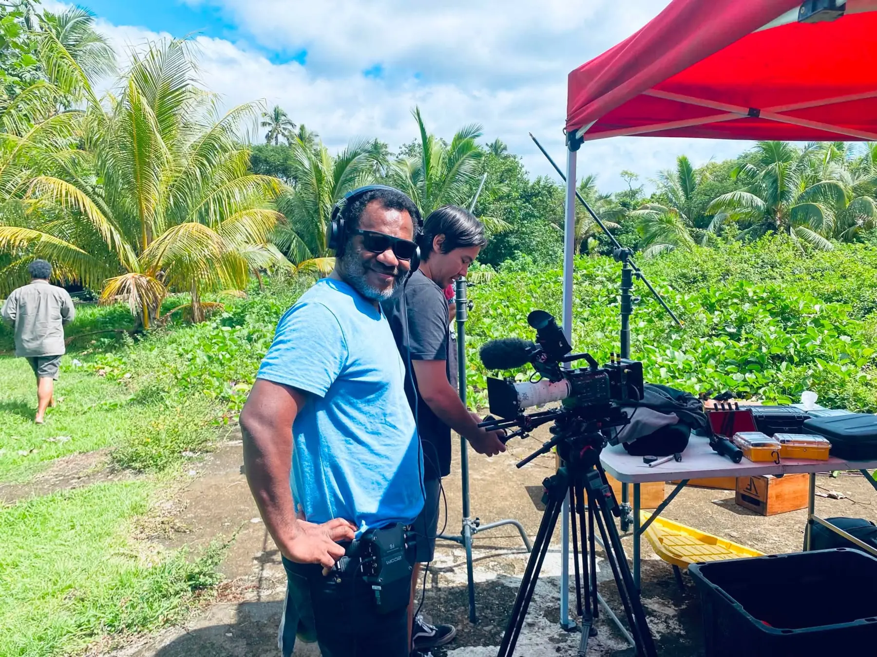 Phil Dakei preparing location-sound equipment