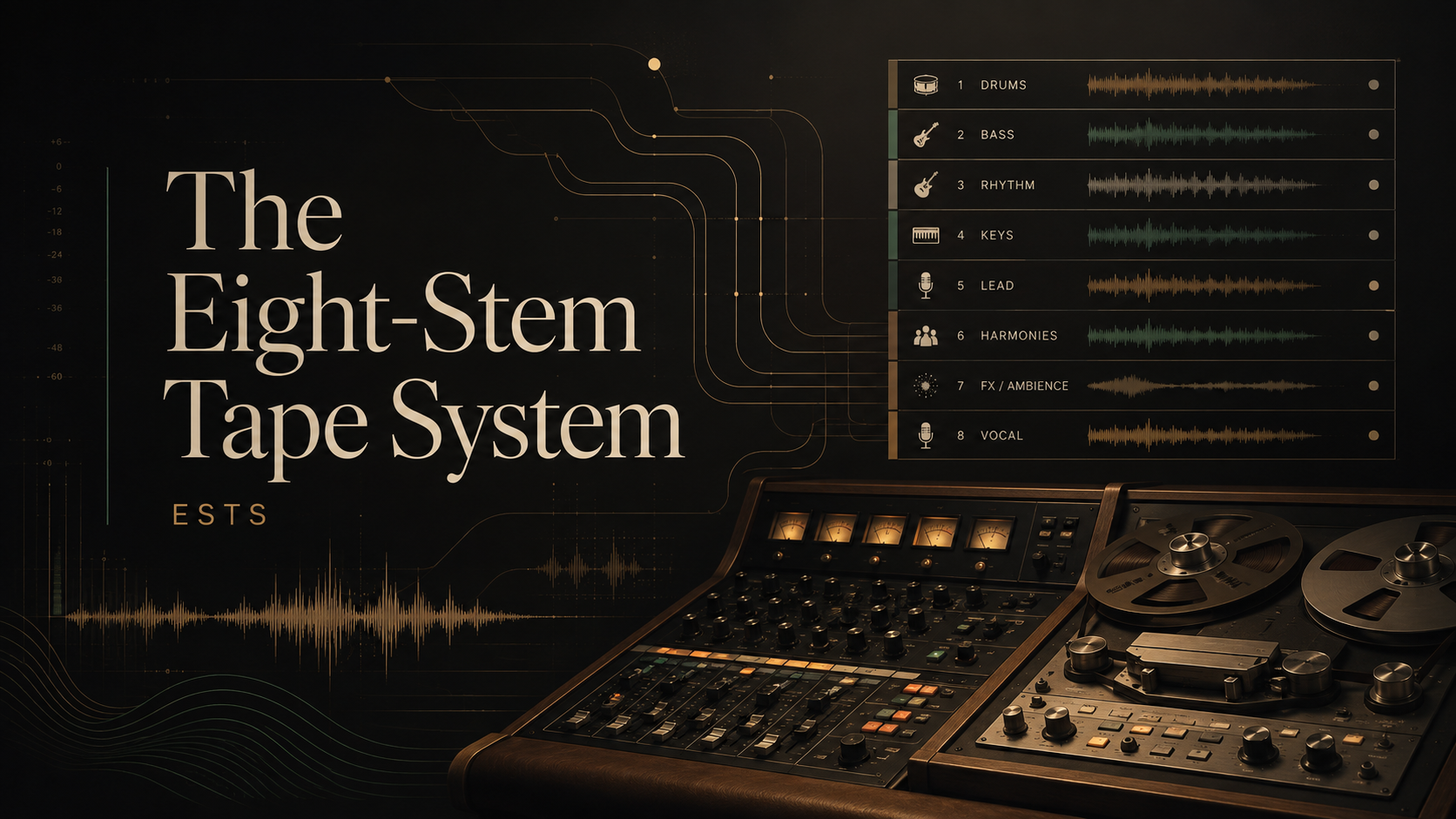 ESTS visual artwork showing eight stem families, routing lines and an analog tape-machine studio environment