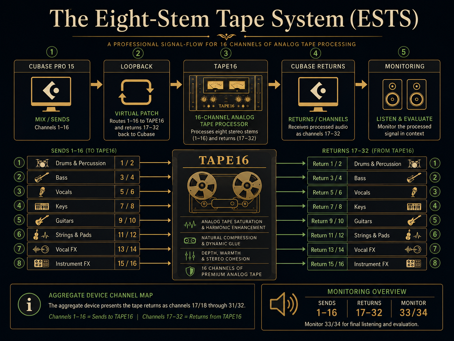 ESTS signal-flow overview showing Cubase Pro 15, Loopback, TAPE16, Cubase returns and monitoring